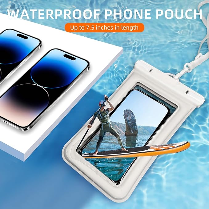 IPX8 Floating Waterproof Phone Pouch 2-Pack,7.2 Inch Waterproof Pouch for iPhone16/15/14 Pro Max Galaxy S24/S23 Adjustable Lanyard + Wrist Strap Beach Swimming Travel Essentials Black White