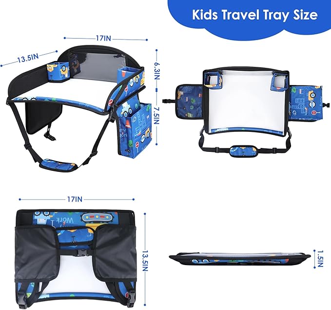 2PCS Kids Travel Tray for Airplane - Toddler Car Seat Table Tray, Road Trip Essentials for Boys & Girls, Carseat Lap Desk for Kids Road Trip Activities (Dark Blue Car/Purple Mermaid)
