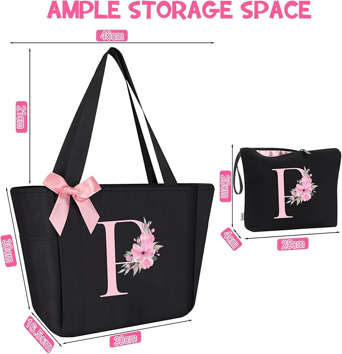 Vavabox Tote Bag, A-Z Initial Monogrammed Waterproof Tote Bag, Bridesmaid Gifts for Women, Black and Pink