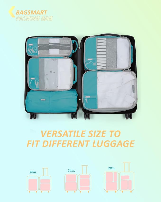 BAGSMART 6 Set Compression Packing Cubes - Lightweight Travel Essentials, Durable Luggage Organizer