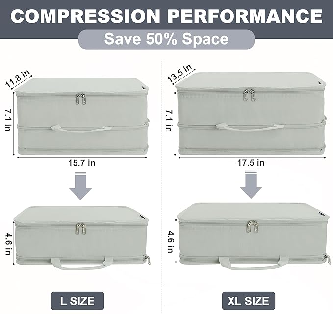 Extra Large Compression Packing Cubes for Travel Essentials, 2 Set Expandable Travel Cubes for Packing Bags Suitcase Organizer, Grey