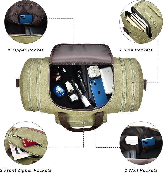 Litvyak Duffle Bag for Travel, Canvas Travel Duffel Bags Overnight Weekend Gym Carry On Luggage Bag for Men & Women (Army Green+Toiletry Bag, 50L)