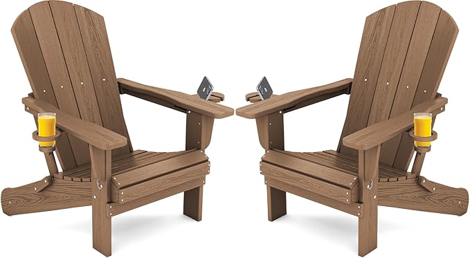SERWALL Adirondack Chair with Cup Holders - Composite Adirondack Chairs Set of 2 HDPE Outdoor Chairs All Weather Use- Brown