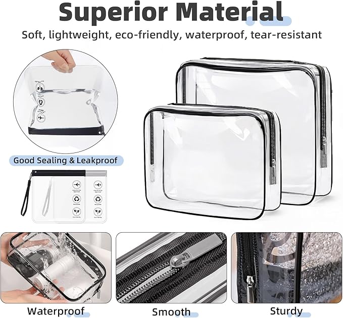 ABSOFINE Clear Toiletry Bag for Travel Size Toiletries, 4 Pack Large Waterproof PVC Makeup Bags with 2 Pack Airport Security Liquids Bags, Travel Essentials toiletry Bottles for Women Girls Men