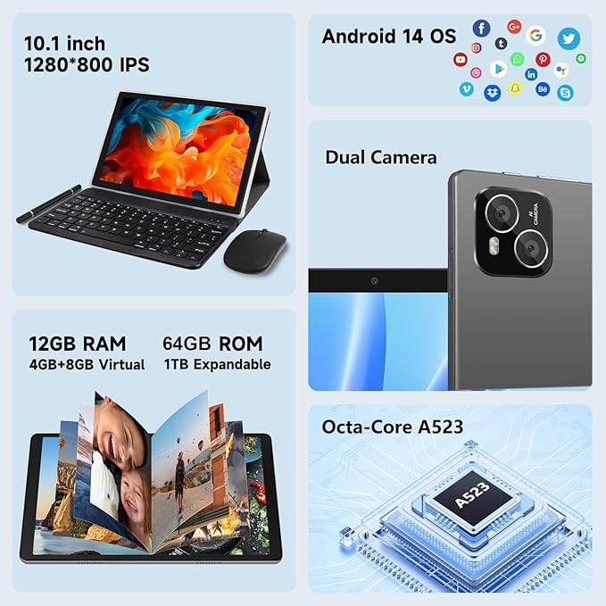 Tablet, Android 14 Tablet with 12GB RAM 64GB ROM, Octa-Core Processor Tablets with Keyboard, Mouse, 10.1 Inch 1280 * 800 IPS Touch Screen, Dual Camera, WiFi 6, BT 5.4, 6000mAh Battery