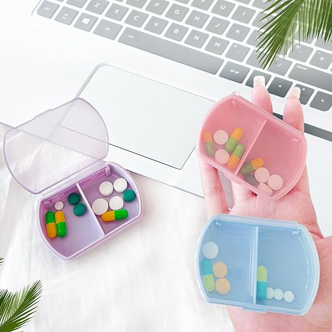 2PCS Small Pill Case Travel Pill Box Cute Pill Organizer for Purse Portable Daily Medicine Organizer 2 Compartment Pill Holder for Vitamins, Fish Oil, Supplements