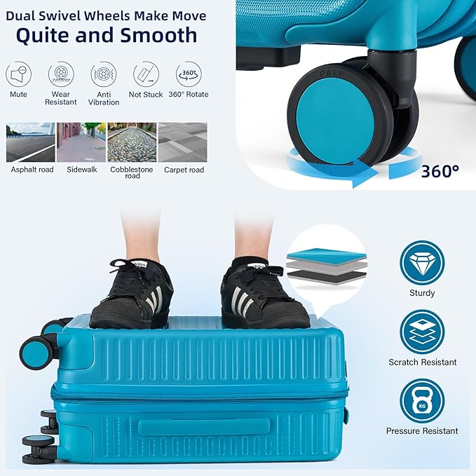 Hard Shell Suitcases Expandable Travel Luggage Sets 3 Piece, Carry on and Check in 3 Piece Luggage Suitcase Sets with Spinner Wheels Cup Holder Charger Built in (Caribbean Blue, 20/24/28)