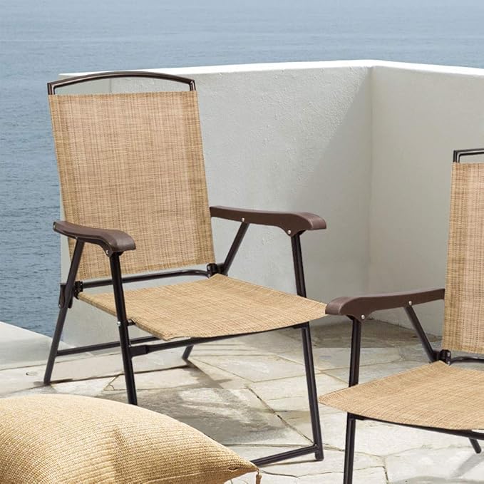 Devoko Patio Folding Chair Deck Sling Chair Camping Garden Pool Beach Using Chairs Space Saving Set of 2 (Beige)