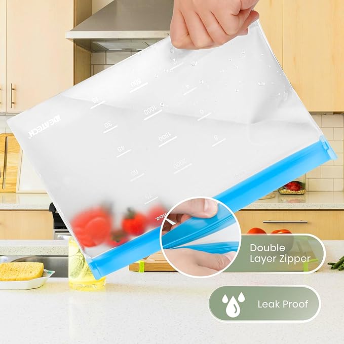 Dishwasher Safe Reusable Storage Bags Stand Up - BPA Free Reusable Sandwich Bags - Leakproof Gallon Freezer Bags, Silicone Food Storage Bag - Multicolor 8 Gallon + 8 Sandwich + 8 Snack Bags