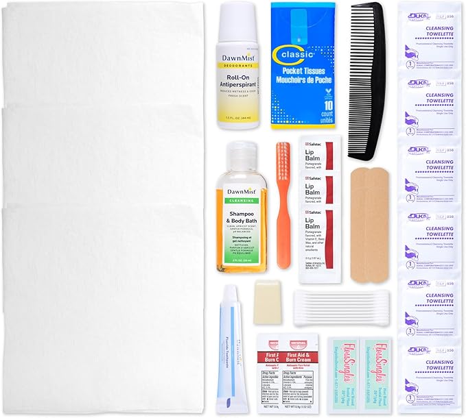 MFASCO Hygiene Kit Homeless Care Pack Disposable - Complete Toiletry Travel Size Essentials for Men & Women - Toiletries Kit - Includes Bandaids, Antiseptic Ointment, Lip Balm - Assembled in The USA
