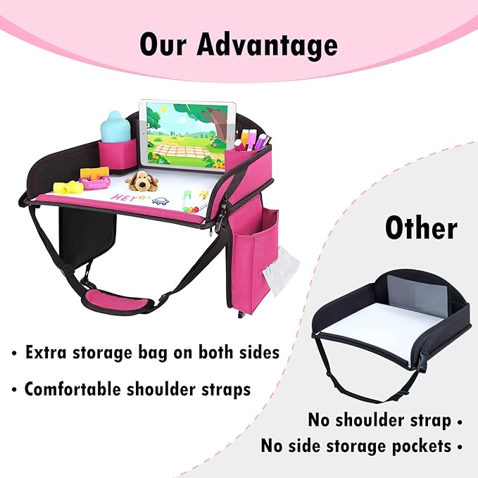 Kids Travel Tray for Airplane - Toddler Car Seat Table Tray, Road Trip Essentials for Boys & Girls, Carseat Lap Desk for Kids Road Trip Activities (Pink)