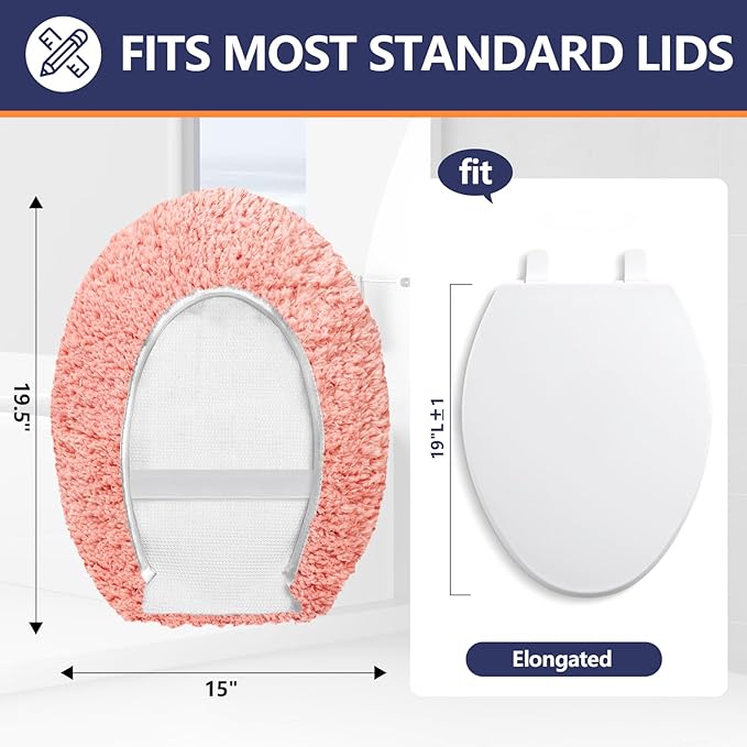 Microfiber Elongated Toilet Seat Cover 19.5"x 15" Machine Washable Solid Toilet Lid Cover Adjustable Rubber Backing Fits Most 18-19.5" L x 14-16" W Elongated Toilet Seat