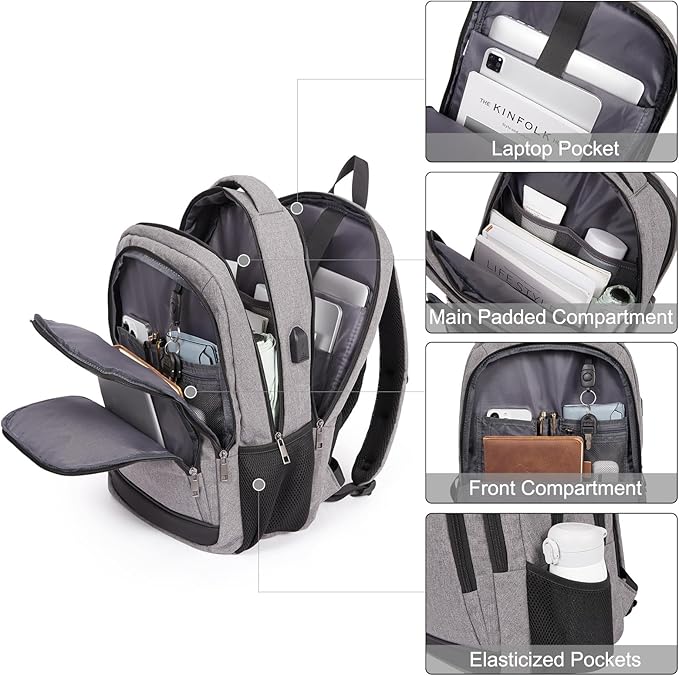 CLUCI Laptop Backpack for Men Women School Backpack College Bookbag for Men Water Resistant Travel Work Backpacks Fits 15.6" Laptop Business Computer Bag with USB Charging Port Grey