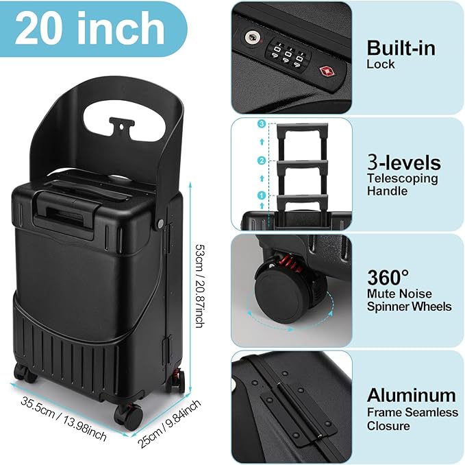 20 Inch Ride on Luggage with Seat for Kids Expandable Ride on Suitcase with Spinner Wheels and Locks for Travel