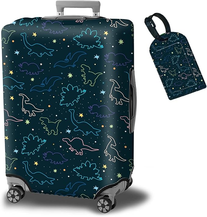 Luggage Cover Suitcase Protector Plus 1 Luggage Tag, Dinosaurs Space Travel Suitcase Cover Suitable for 29-30 inch Luggage (XL) with Concealed Zipper Washable Elastic Cloth Dustproof Anti-Scratch