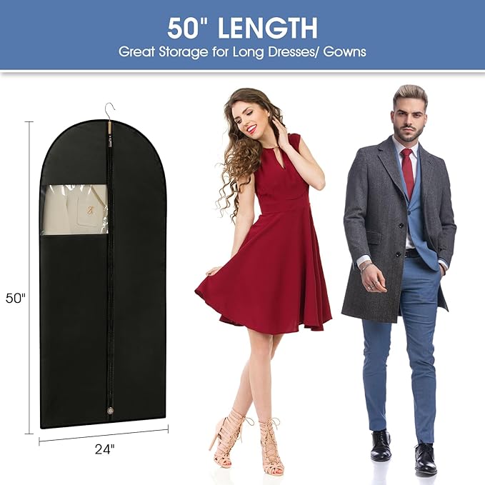Garment Bags for Hanging Clothes, 50'' Long Dress Bags for Closet Storage, Black Garment Covers with Clear Window for Suits, Coats, Jackets（2 Packs）