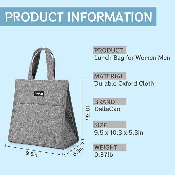 Della Gao Insulated Lunch Bag for Women Men, Waterproof Small Lunch Tote Lunch Box, Reusable Lunch Bags for Work, Party, Travel and Picnic (Gray)