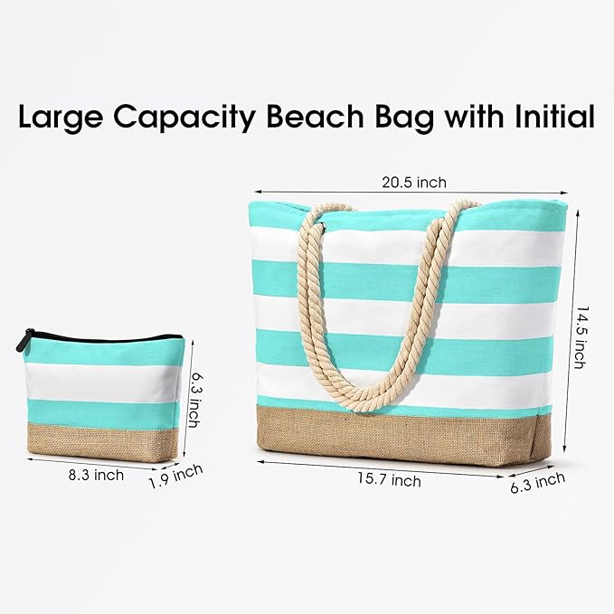 Becokan Beach Bag Initial Beach Tote with Makeup Bag for Travel Work Storage Personalized Birthday Gifts for Women Her