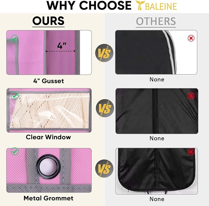 BALEINE 5PK Heavy Duty Garment Bag with Shoe Storage Travel Bag for Dresses, Suit, Coats Travel Essential (43", Pink)