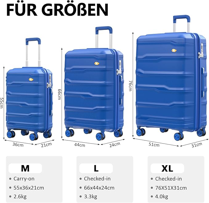 24 Inch Luggage with Spinner Wheels, Hard Shell Suitcase, Lightweight PP Luggages with TSA Lock, Checked-Medium Suitcases 24-Inch, Blue