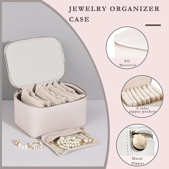 Jewelry Box Organizer for Women,Small Travel Jewelry Case,Mini Travel Jewelry Organizer with 8 Velvet Jewelry Zipper Pouches, Jewelry Box Organizer for Teacher Gifts Wedding Gifts(Off White)
