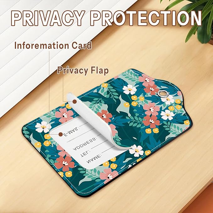 2 Pcs Floral Luggage Tag for Suitcases, Green Luggage Tags PU Leather Luggage Tag Name ID Labels with Privacy Cover Suitcases Women Fun Laggage Tags