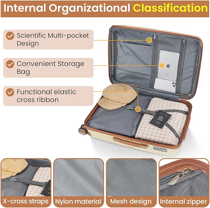 Campfun Luggage Sets 4 Piece, Expandable Carry On Luggage Set Hardshell PP, Suitcase Set with Double Spinner Wheels, Checked Durable Lightweight with TSA Lock, 14/20/24/28in, Khaki Brown(A)