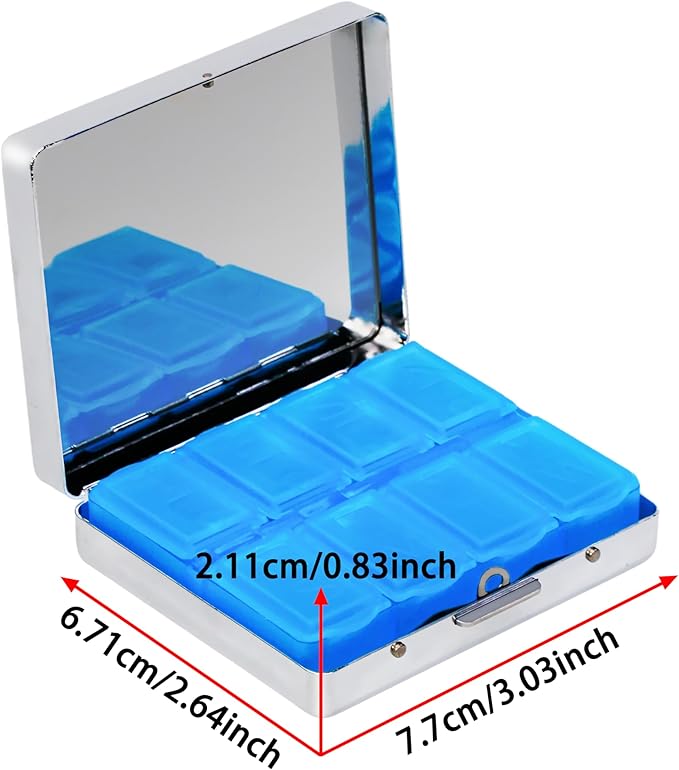 8‑Compartment Metal Pill Box Organizer – Portable Medicine Case 3″×2.6″ | Food‑Grade Dividers | Secure Snap Button Lid | Travel & Gift for Seniors (Ramen Kitty Feast)