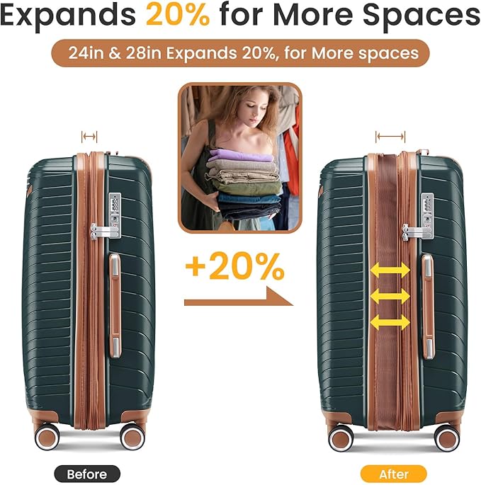 Campfun Luggage Sets 4 Piece, Expandable Carry On Luggage Set Hardshell PP, Suitcase Set with Double Spinner Wheels, Checked Durable Lightweight with TSA Lock, 14/20/24/28in, Dark Green Brown(B)