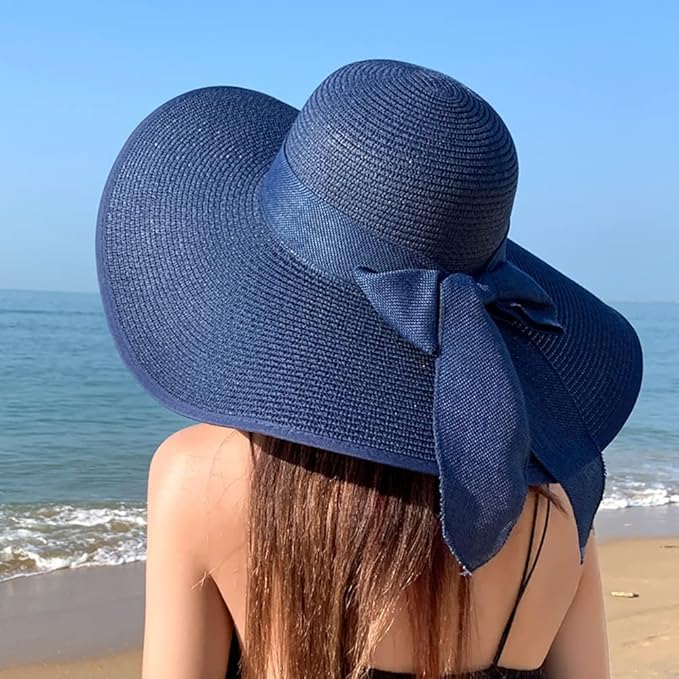 DRESHOW Beach Hats for Women Big Straw Wide Brim Summer Hat Floppy Foldable Roll up Cap Sun Hat UPF 50+
