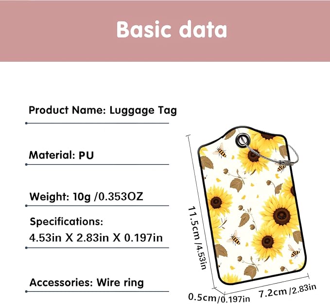 Luggage Tags for Suitcases, 2-Pack PU Leather for Cruise & Travel, Baggage ID Tags with Privacy Cover & Address Card, Durable Metal Ring, Kids Adults Travel Accessories, Sunflower Buzz