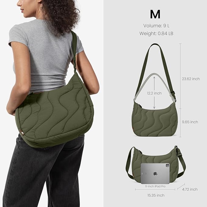 tomtoc 9L Puffer Sling Crossbody Bag for Women Trendy, Nylon Quilted Crescent Shoulder Bag Purses for 11-inch iPad Air/Pro & Daily Essentials, Puffy Travel Hobo Handbag with Organized Inner Pockets