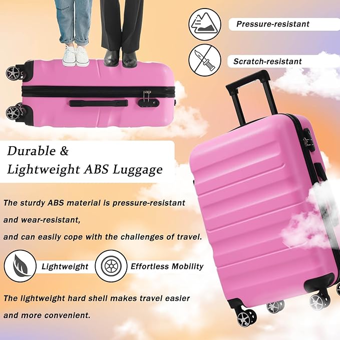 Merax Luggage Set 6 Piece, Hardshell ABS Suitcases with 8 Silent Spinner Wheels, Durable and Lightweight Travel Luggage for Family Trips, Pink