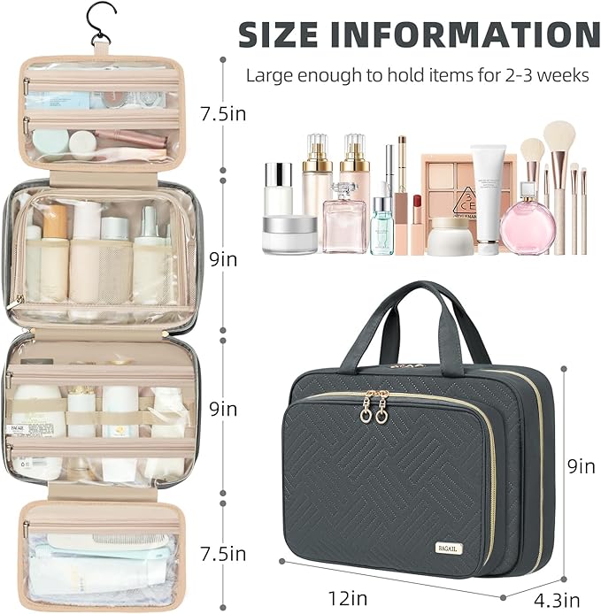 BAGAIL Hanging Toiletry Bag for Women Water-resistant Cosmetic Bag Large Capacity Travel Makeup Organizer for Full-Sized Travel Essentials(Standard, Grey)
