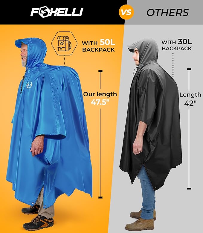 Foxelli Rain Poncho for Adults – Extra Long Reusable Waterproof Raincoat with Hood, Lightweight for Hiking, Camping, Outdoors
