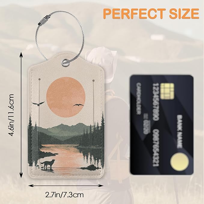 Vintage Mountain Flow 3 Pack Luggage Tags for Suitcases, Sunset Range PU Leather Luggage Tag for Travel, Bag Tags with Privacy Name ID Card and Steel Loop for Women Men