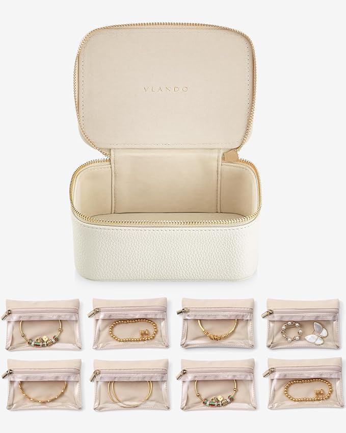 Vlando Graduation Gifts for Her,Travel Jewelry Case with 8 Velvet Jewelry Bags Jewelry Travel Organizer Box for Girls Jewelry Box for Rings Earrings Brides Gifts Birthday Gifts for Women Teen(White)