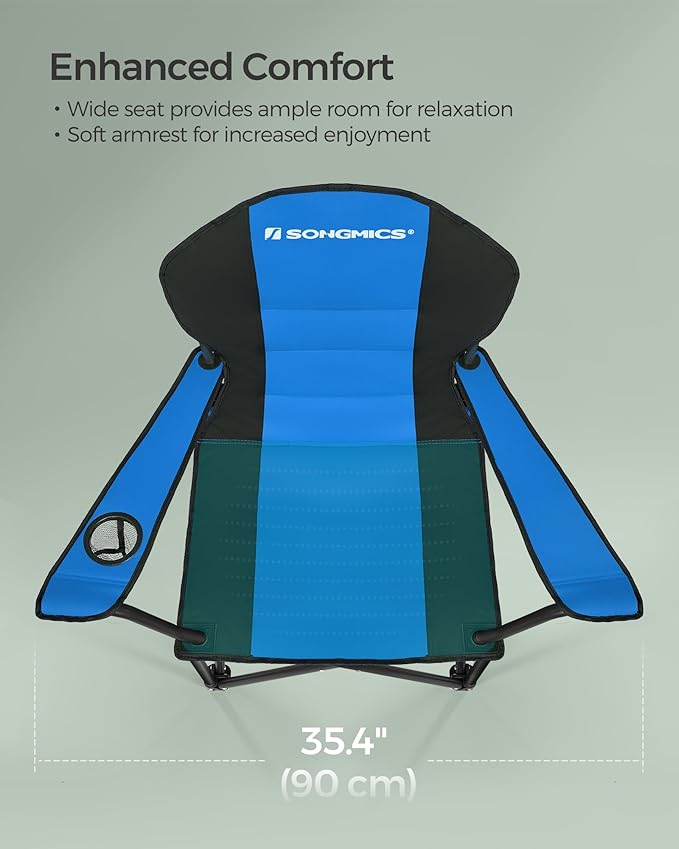 SONGMICS Folding Camping Chair, with Comfortable Sponge Seat, Cup Holder, Heavy Duty Structure, Max Load Capacity 551 lb, Outdoor Picnic Chair, Blue and Black UGCB06BU