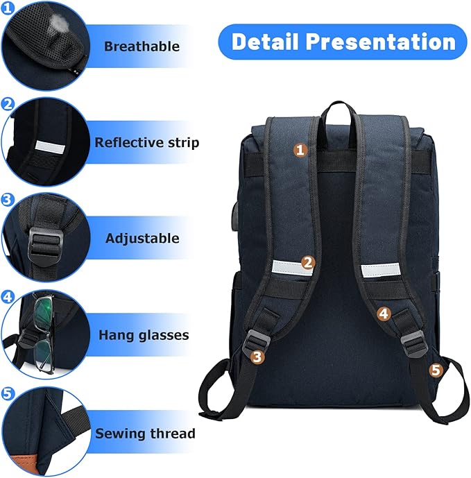HFSX Anti Theft Laptop Backpack Men Women Business Travel Computer Backpack College Bookbag Stylish Water Resistant Vintage Backpack with USB Port Fits 15.6 Inch Laptop Blue