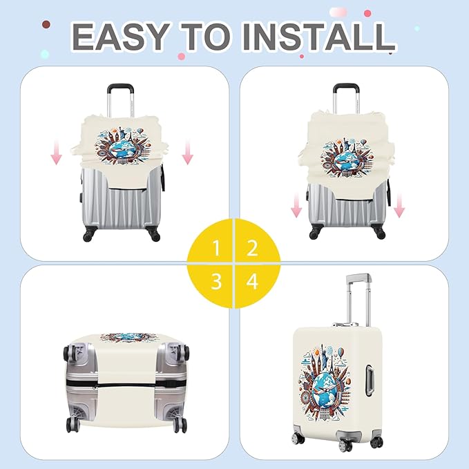ANNA QUEEN Travel Around the World Luggage Cover, Colorful Landmark Suitcase Protector with Airplane & Globe Design, Stretchable, Washable Travel Sleeve for 32-34 Inch Luggage