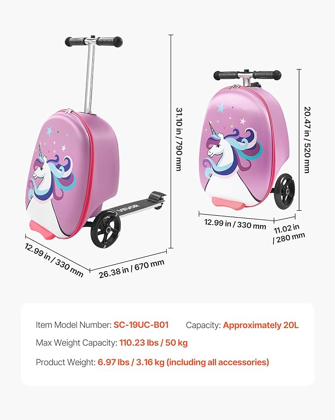 VEVOR Ride-on Luggage, 20 L Capacity, 20 Inches Kids Scooter Suitcase with Flash PU Wheels, Adjustable Handle & TPR Non-Slip Grip, Foldable & Lightweight Scooter Luggage for Kids Aged 5+, Purple