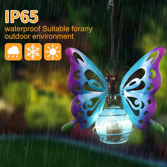 2 Pack Butterfly Solar Outdoor Hanging Lantern Creative Small Sculpture Lights Durable Waterproof Lamp Suitable for Festivals Garden Decor Birthday Gifts for Grandma Mom Women Girl