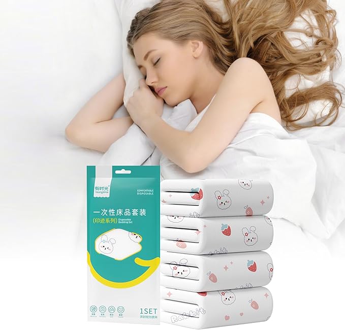 YOUNGTIME Disposable Bed Sheets, Quilt Cover and Pillow case Set for Hotel and Travel,Portable Ready to use Bedding Set Travel 4-Piece Double,Rabbit