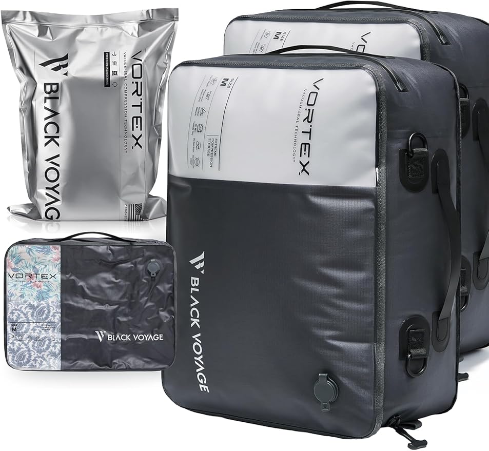 Black Voyage Reusable Vacuum Compression Travel Bag for Carry-On Suitcase and Backpack, Recycled IP67 Waterproof Space Saver Airback (2-Pack, 21L - No Pump)