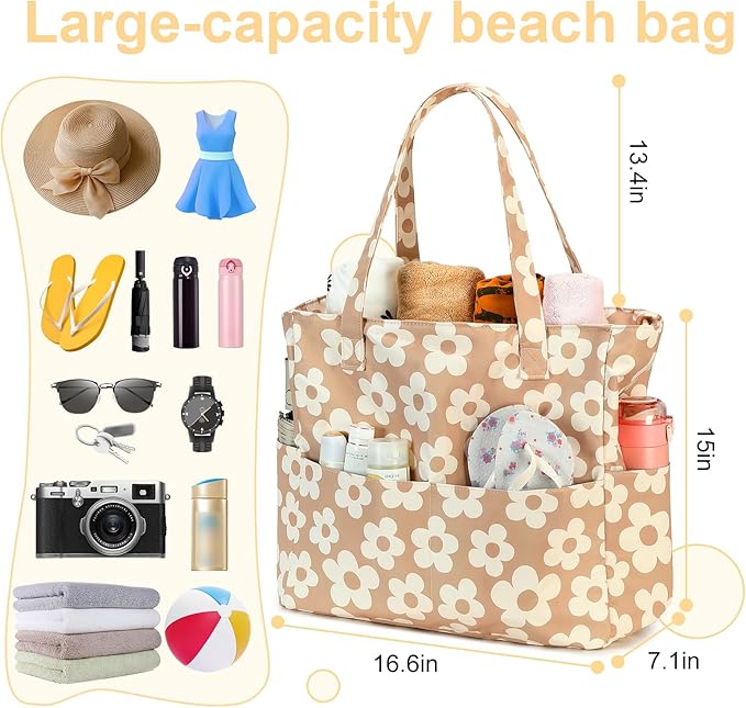 LEDAOU Large Beach Tote Bag Women Waterproof Sandproof Zipper Beach Tote Bag for Pool Gym Grocery Travel with Wet Pocket