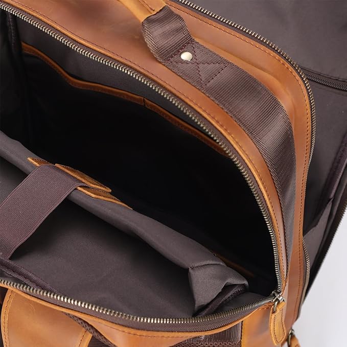 STAR VISTA Angelo 17.3" Vintage Full Grain Leather Laptop Backpack for Men, Multi Pockets, Casual Outdoor Business Travel Rucksack, YKK Zippers, Light Brown