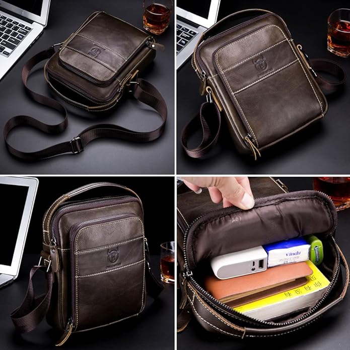 KPYWZER Genuine Leather Shoulder Bag Small Men Messenger Pack Handbag Sling Crossbody Bag Man Purse for Business