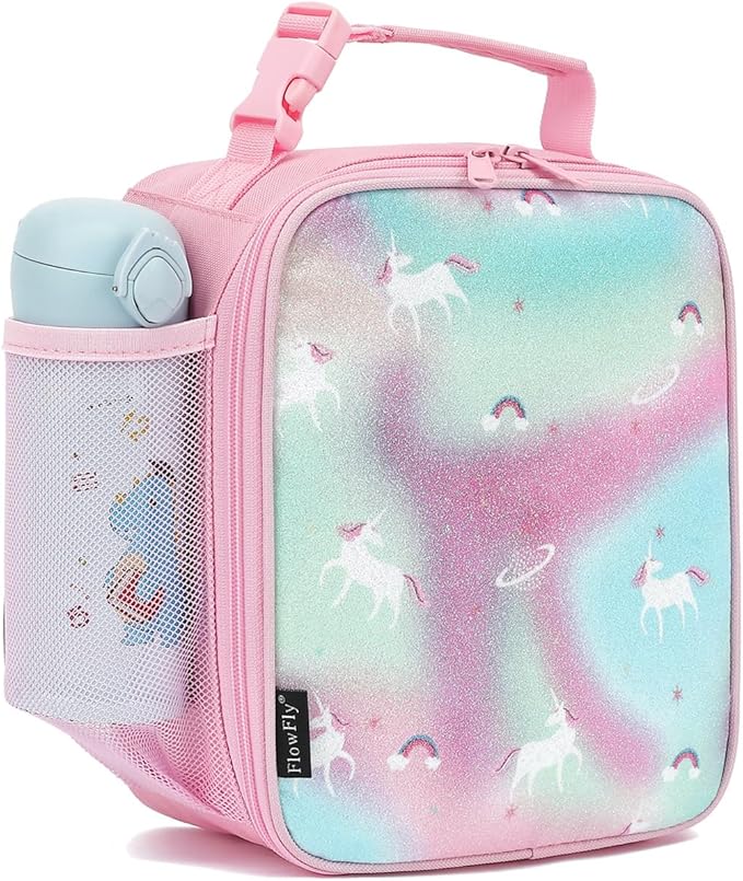 FlowFly Kids Lunch box Insulated Soft Bag Mini Cooler Back to School Thermal Meal Tote Kit for Girls, Boys, Glitter-Unicorn