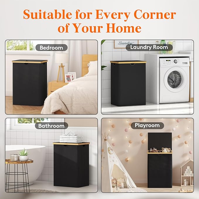 Lifewit 160L Double Laundry Hamper with Lid, Extra Large Bamboo Laundry Basket Dirty Clothes Hamper, 2 Section Laundry Bin Organizer for Laundry Room Bedroom with 2 Removable Liners & Bags, Dark Black