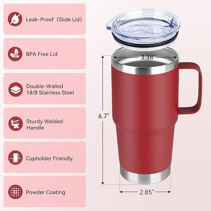 HASLE OUTFITTERS 20oz Tumbler with Lid, Stainless Steel Tumbler with Handle, Metal Insulated Travel Coffee Mug with Handle, Double Wall Vacuum Spill Proof Tumbler Cup, Red 1 Pack